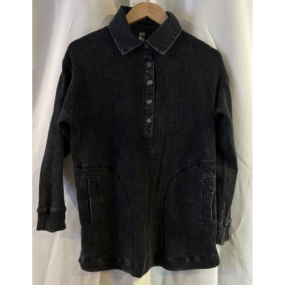 Mono B Waffle Knit Charcoal Black Long Sleeve Top Size Small